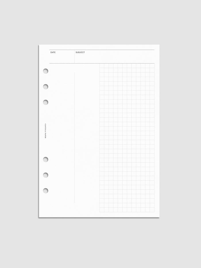 A5 Process Notes Planner Insert with date and subject headers in a refined grid layout.