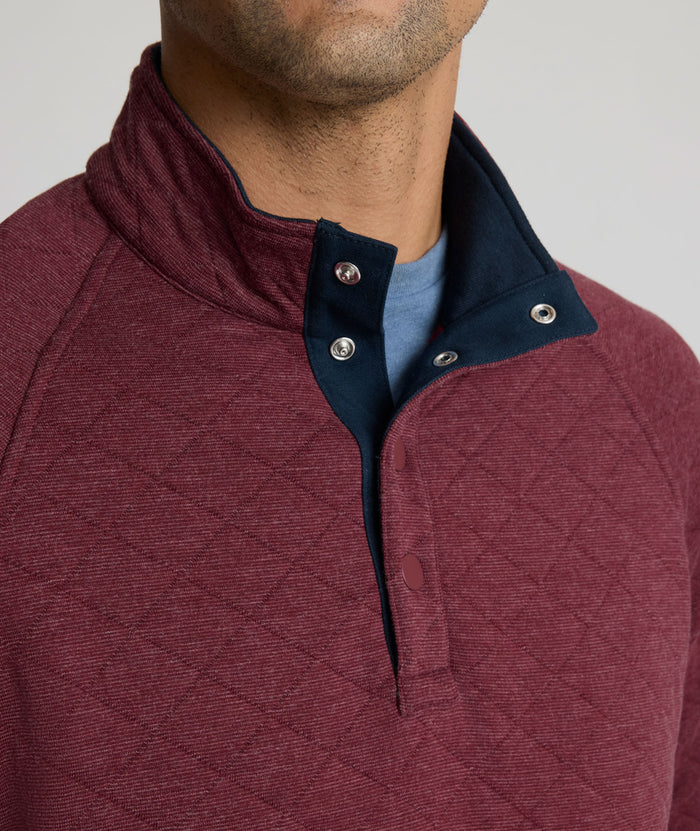 Model is wearing UNTUCKit Garrison Quilted Pullover  in Tawny Port.