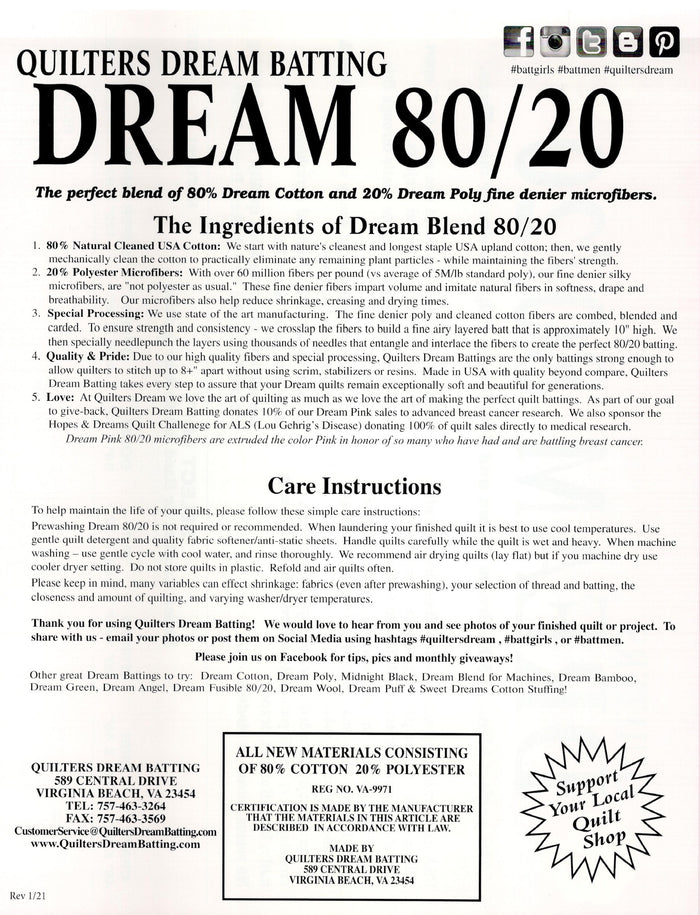 Quilters Dream Batting - 80/20 White - Twin