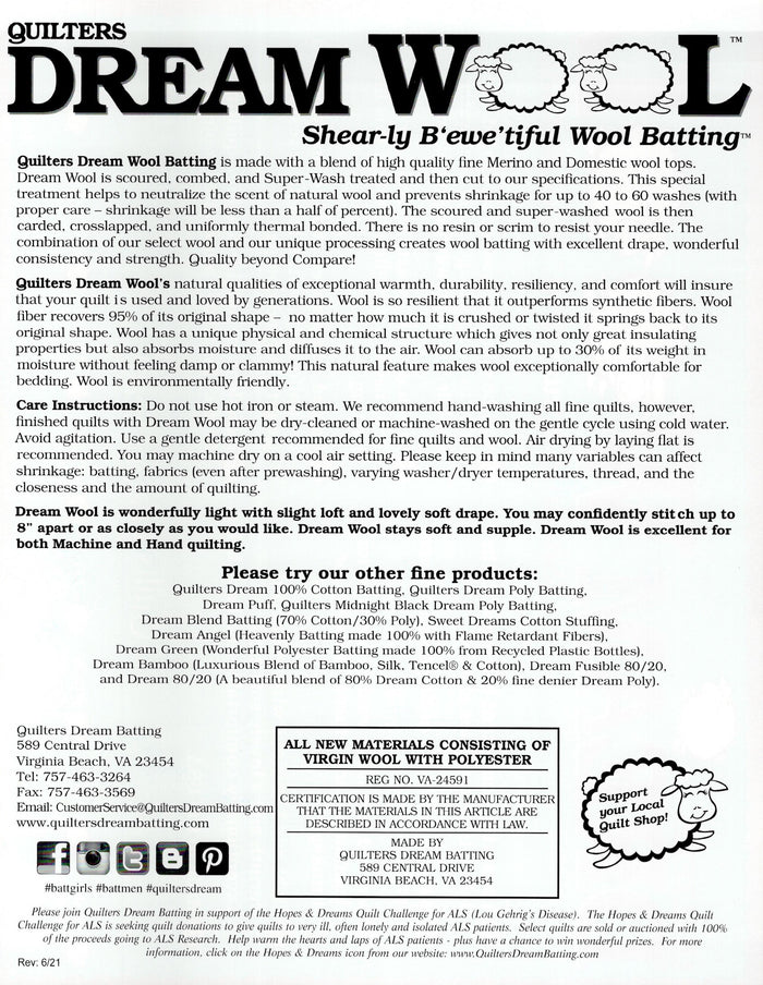 Quilters Dream Batting - Wool - Queen