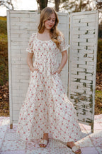 Cream Floral Smocked Maxi Dress with Pockets – Romantic Cottage Dress