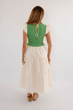 Elevated Knitted Midi Dress – Ruffle Sleeve Colorblock Summer Dress- Doe & Rae Green Knit Dress