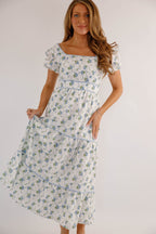 Blue Floral Puff Sleeve Midi Dress – Feminine Cottagecore Tiered Dress- B.right floral midi dress