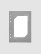 Grey cardstock planner dashboard with white plastic card inserted in slits with white printed text shown in size A5 for ring bound planners.