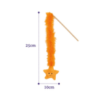 White background with a Rosewood Under the Sea orange plush Star Fish cat teaser attached to a wooden rod with measurements around it indicating height of 25cm and width 10cm.