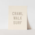 Beige greeting card with 'CRAWL WALK SURF' text on a light gray background