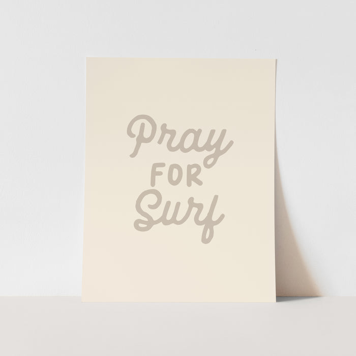 Beige greeting card with 'Pray for Surf' text on a light gray background
