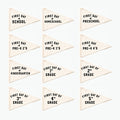 Set of triangle-shaped flags for first day of school celebrations with various grade levels.