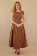 Solid Brown Midi Dress- Cinched Waist Midi Dress- Women's Modern Midi Dress