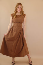 Solid Brown Midi Dress- Cinched Waist Midi Dress- Women's Modern Midi Dress