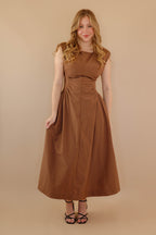 Solid Brown Midi Dress- Cinched Waist Midi Dress- Women's Modern Midi Dress