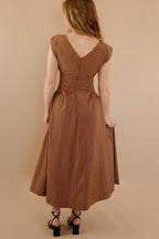 Solid Brown Midi Dress- Cinched Waist Midi Dress- Women's Modern Midi Dress