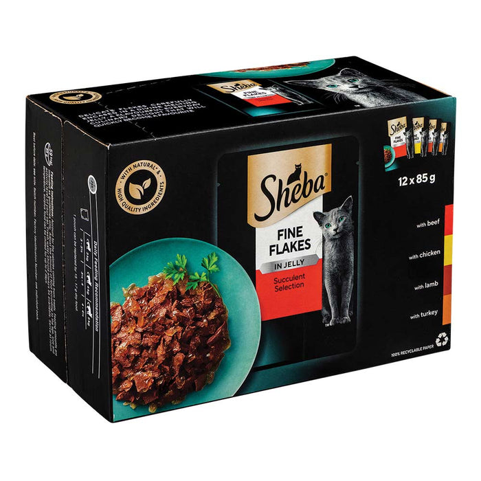 Sheba Fine Flakes Wet Cat Food Pouches Succulent Selection In Jelly 12 X 85g