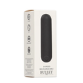 Packaging for a Black Shots 10 Speed Rechargeable Bullet vibrator, highlighting features like ABS material, rechargeable battery, and waterproof design.