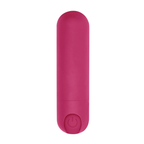 Top-down view of the pink rechargeable bullet vibrator showing the power button/charging point.
