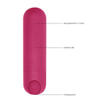 Labeled diagram of the pink bullet vibrator highlighting the F1 motor, ABS material, and charging point.