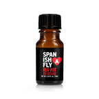 An image of a small, dark brown dropper bottle with a black cap. The black, red, and white label reads "SPANISH FLY RED HOT" with the heart and fly logo, and "FOOD SUPPLEMENT WITH SWEETENERS NET WT. 0.34 FL. OZ. / 10ML."