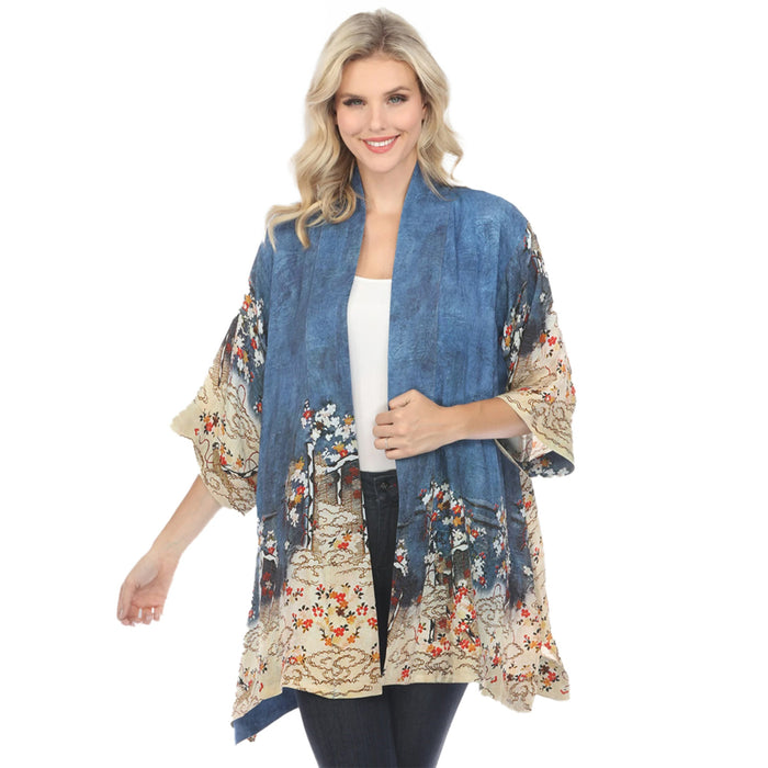 Stunning Floral Design on Indigo Kimono Jacket - 0917EAI