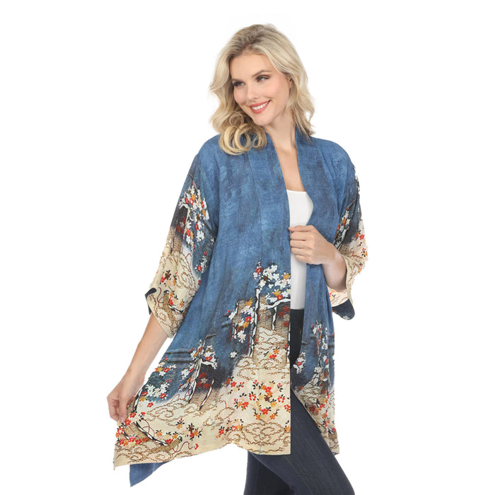 Stunning Floral Design on Indigo Kimono Jacket - 0917EAI