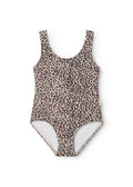 Leopard print swimsuit in brown and beige, V-neck and full-body.