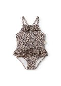 Brown leopard-patterned swimsuit with crossed straps and ruffle skirt