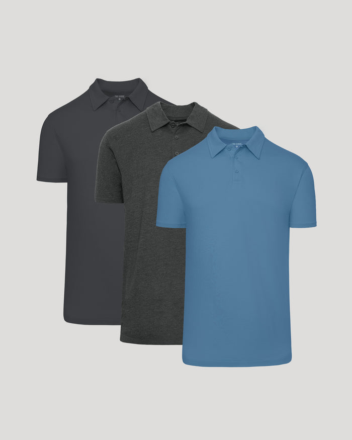 Tall Classic Polo 3-Pack: light-blue, charcoal-heather, and black polos.