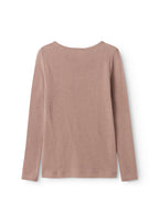 Ryg på rosa uld T-shirt med rund hals og lange ærmer i pointelle-strik.
