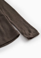 Uld pointelle langærmet T-shirt, mørk brun ærme med ribkant