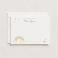 A stack of white flat note cards with a rainbow and stars design, and a personalized message that reads 'Mrs. Lewis'.