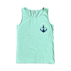 Terminal Tower Anchor unisex tank top featuring a vintage nautical anchor and Cleveland Terminal Tower graphic inspired by Lake Erie and North Coast living