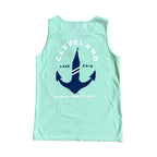 Terminal Tower Anchor unisex tank top featuring a vintage nautical anchor and Cleveland Terminal Tower graphic inspired by Lake Erie and North Coast living