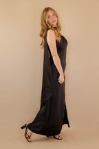 Off The Shoulder Satin Black Dress- Women's Formal Black Dress- Black Neck Scarf Maxi Dress