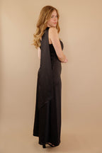Off The Shoulder Satin Black Dress- Women's Formal Black Dress- Black Neck Scarf Maxi Dress