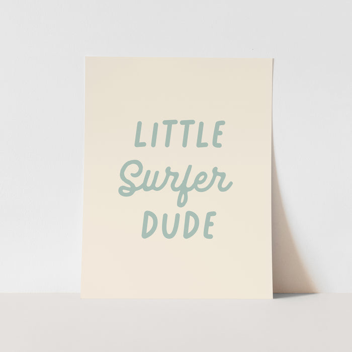 Poster with 'Little Surfer Dude' text on a beige background