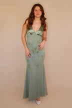 Women's Elegant Beaded Maxi Dress- Green Beaded Evening Gown- The Vintage Shop Dress