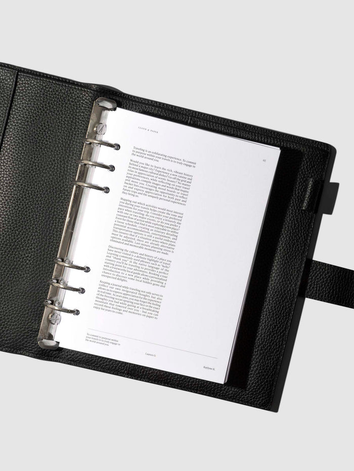 Dashboard shown in use inside a black leather agenda.