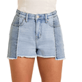 Light wash denim shorts with side panel detail.