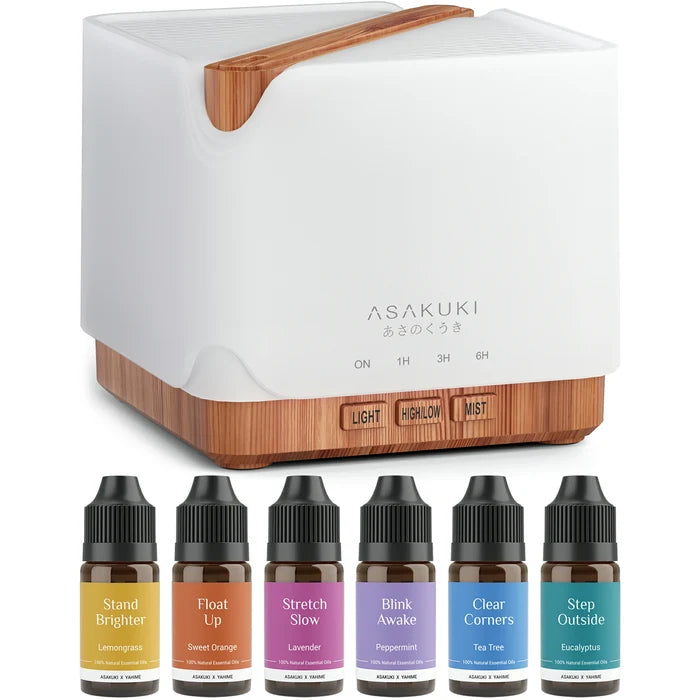 UPGRADE Cube Light Wood Essential Oil Diffuser with 6*10ml Oils