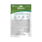 White background with a back view of a green and white bag of Whimzeez Dental Alligator Treats.