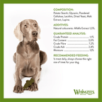 White background with a Weimaraner dog holding a Whimzees Dental Alligator in it's paws with the ingredients and composition listed above.