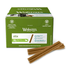 White background with a green and white box of 30 Whimzeez Dental Stix Treats with a several large dogs pictured on the box with two of the chews in front of the box.