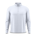 The White - Q-Zip is a long-sleeve, light gray quarter-zip pullover with a high collar and athletic fit. Shown on a white background, it features moisture-wicking fabric and a logo-free, patternless design.