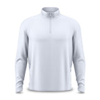 The White - Q-Zip is a long-sleeve, light gray quarter-zip pullover with a high collar and athletic fit. Shown on a white background, it features moisture-wicking fabric and a logo-free, patternless design.