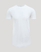White Tall Pima Cotton Blend Curved Hem Crew shirt displayed on a neutral background, showcasing a clean, soft, and comfortable men's basics style.