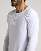 White Waffle Long Sleeve Henley with neck tattoo visible.