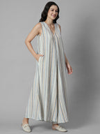 Women's Cream Linen Viscose Regular Fit Jumpsuit