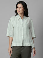 Women's Green 100% Linen Boxy Fit Blouse