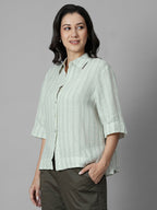 Women's Green 100% Linen Boxy Fit Blouse