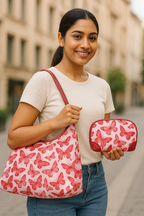 Women's pink colour hobo shoulder bag and cosmetic pouches travel combo-model image
