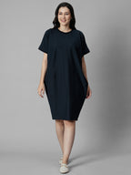 Women's Navy Cotton Elastane Boxy Fit Knit Dress